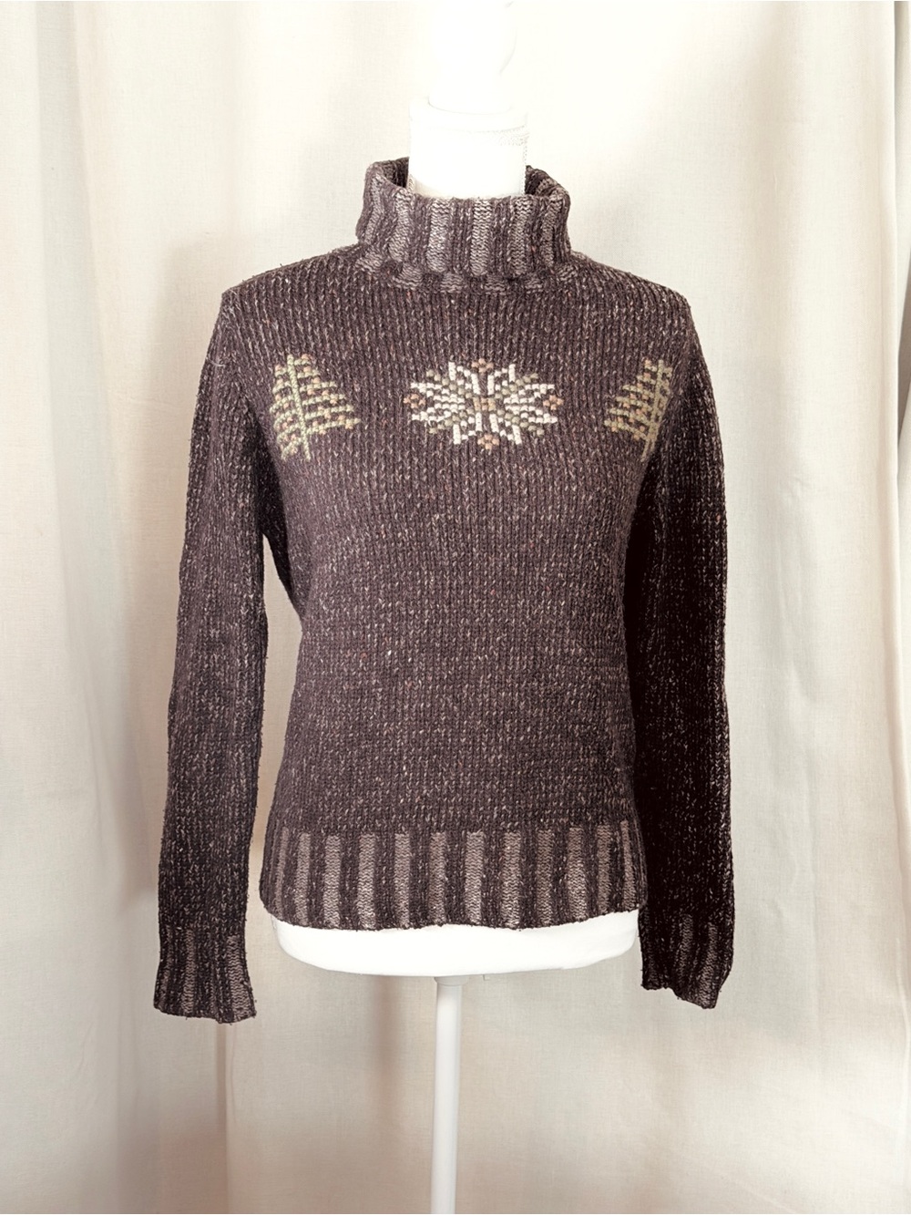 Woolrich Turtleneck Sweater Hickory Brown Trees & Snowflakes Wool Blend Small